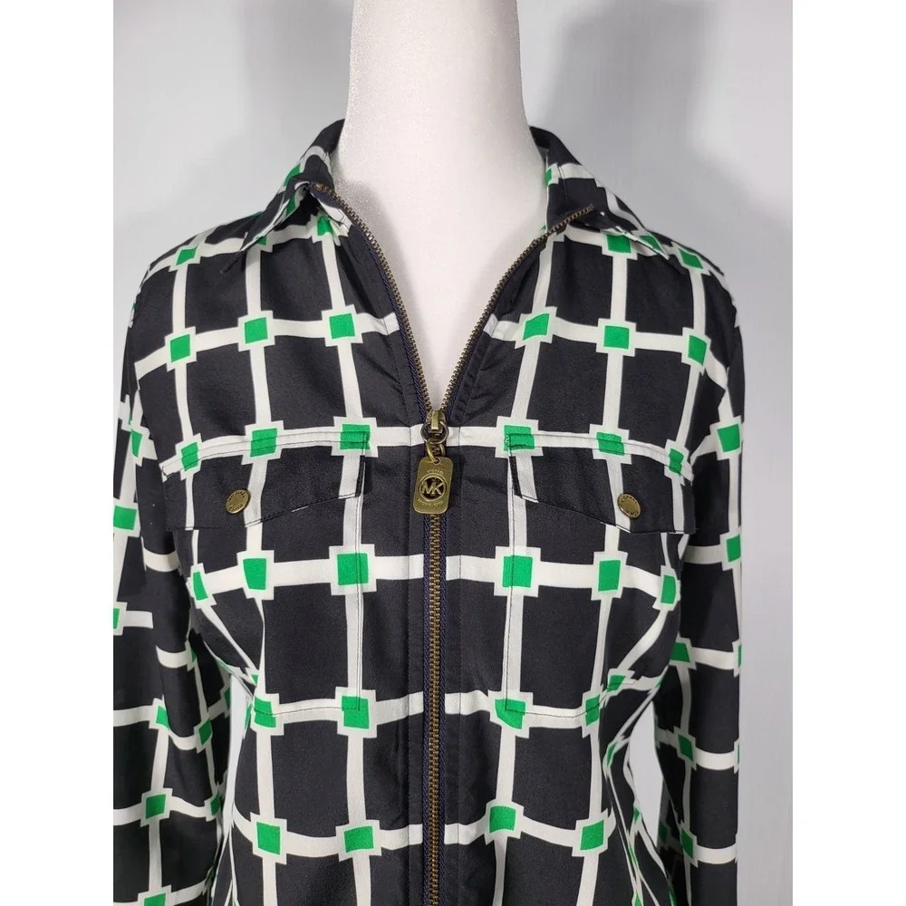 Michael Kors Womens Geometric Grid Full Zip Blouse Navy Green Long Sleeve Size S